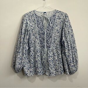 Old Navy Paisley Floral Balloon Sleeve Peasant Top 2X white blue boho Cottage